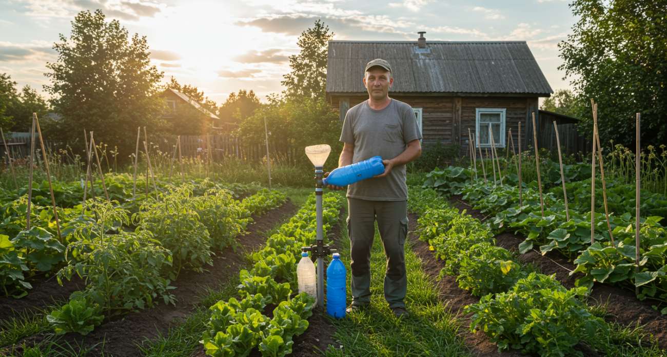Каждый день бегать в сад больше не надо: создаю солнечный дождеватель из 2 бутылок — и растения сами поливаются целый месяц