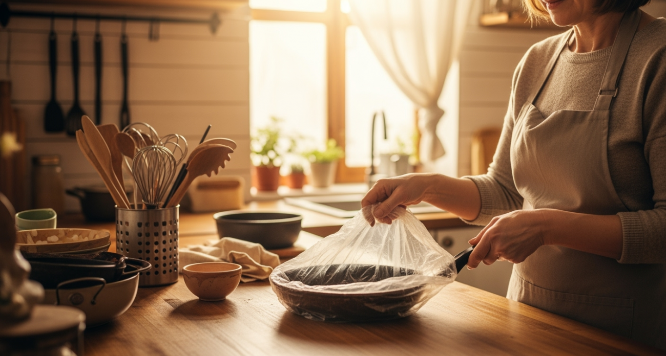 Помещаю сковороду в полиэтиленовый пакет, нагар исчезает мгновенно, больше ничего не пристает — любуюсь блеском
