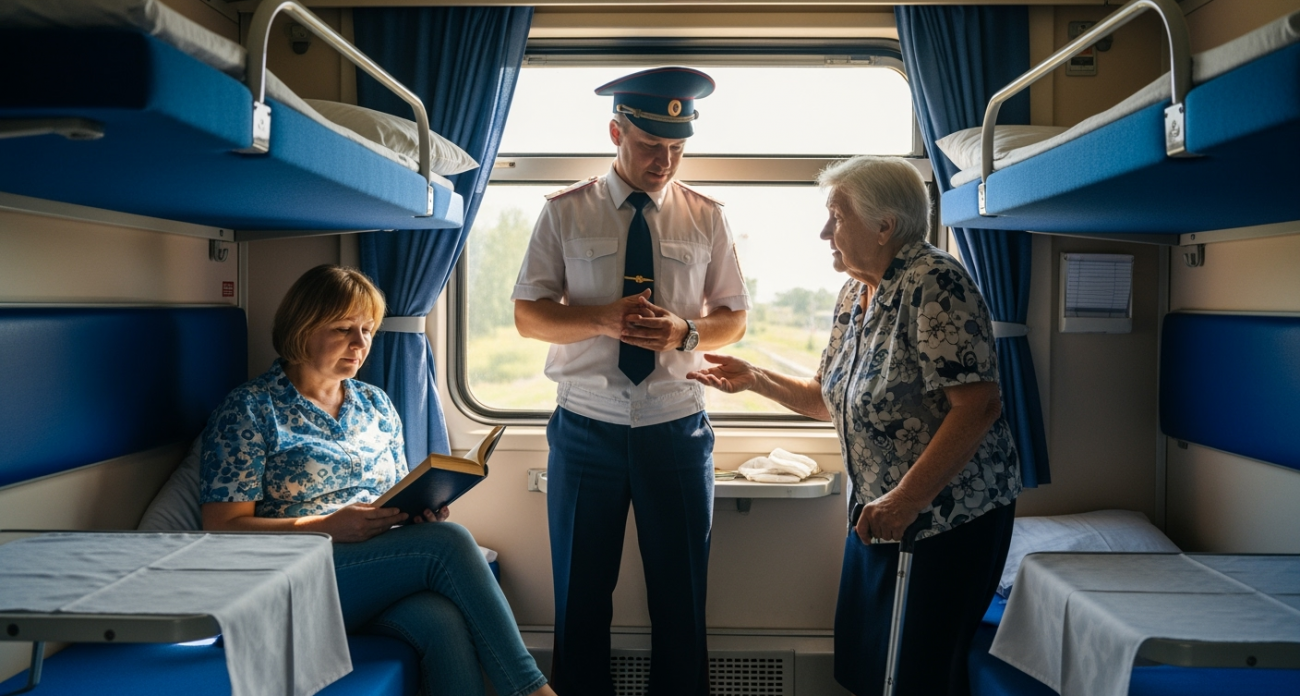 К немолодой женщине с нижнего места подошла пожилая дама с тростью: «Уступи, нога болит» - вмешался проводник поезда