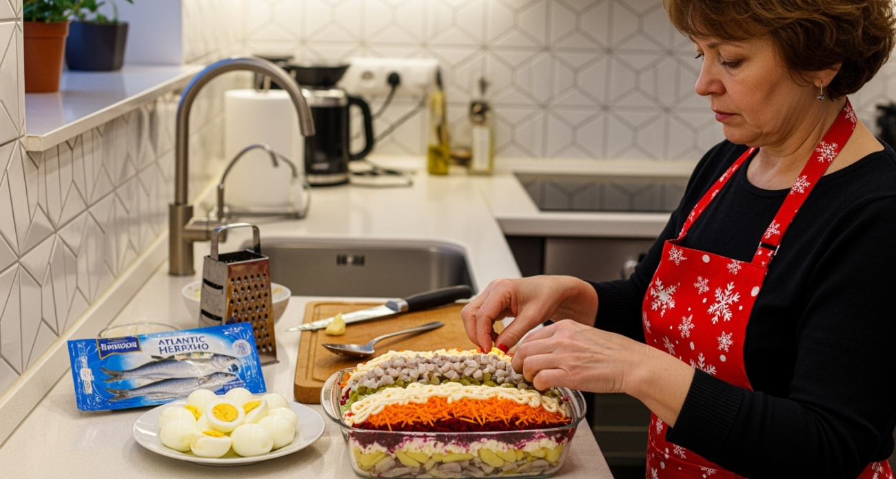 Не почувствуете ни одной косточки: как нестандартно и красиво уложить слои знаменитого салата