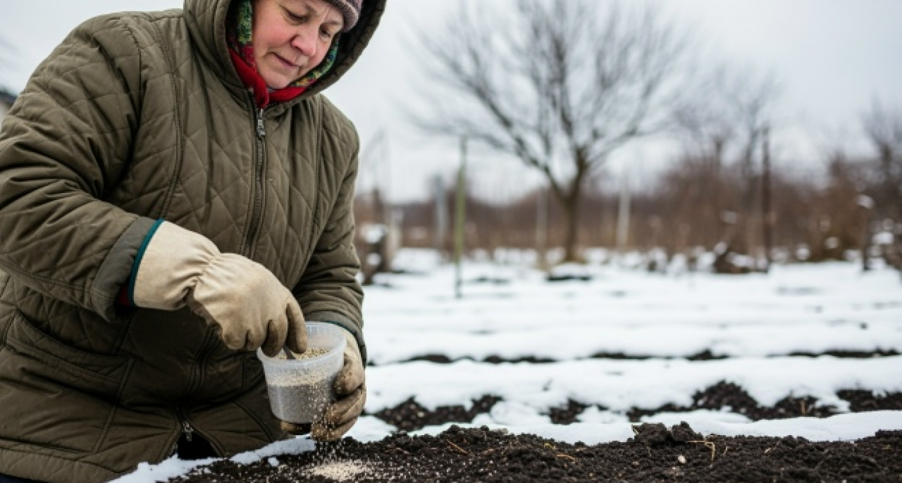 Рассыпаю эту крупу на грядки прямо в снег: весной копать не придется – земля превратится в пух
