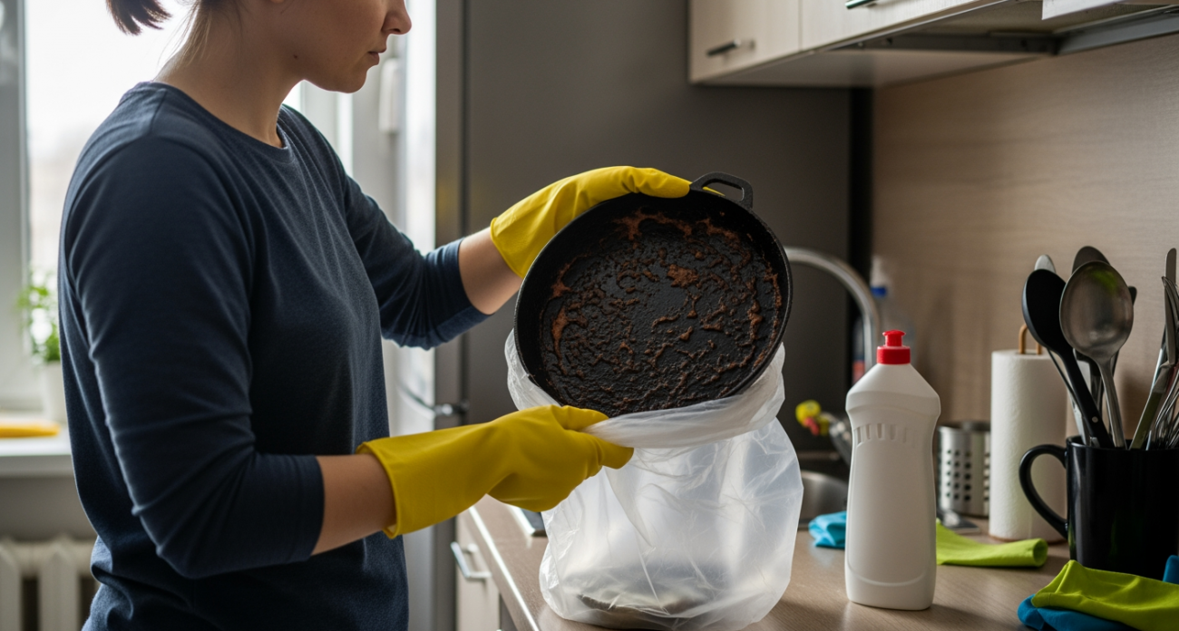 Домохозяйки в восторге от простого трюка с пакетом, который превращает грязную сковороду в зеркальную за минуту