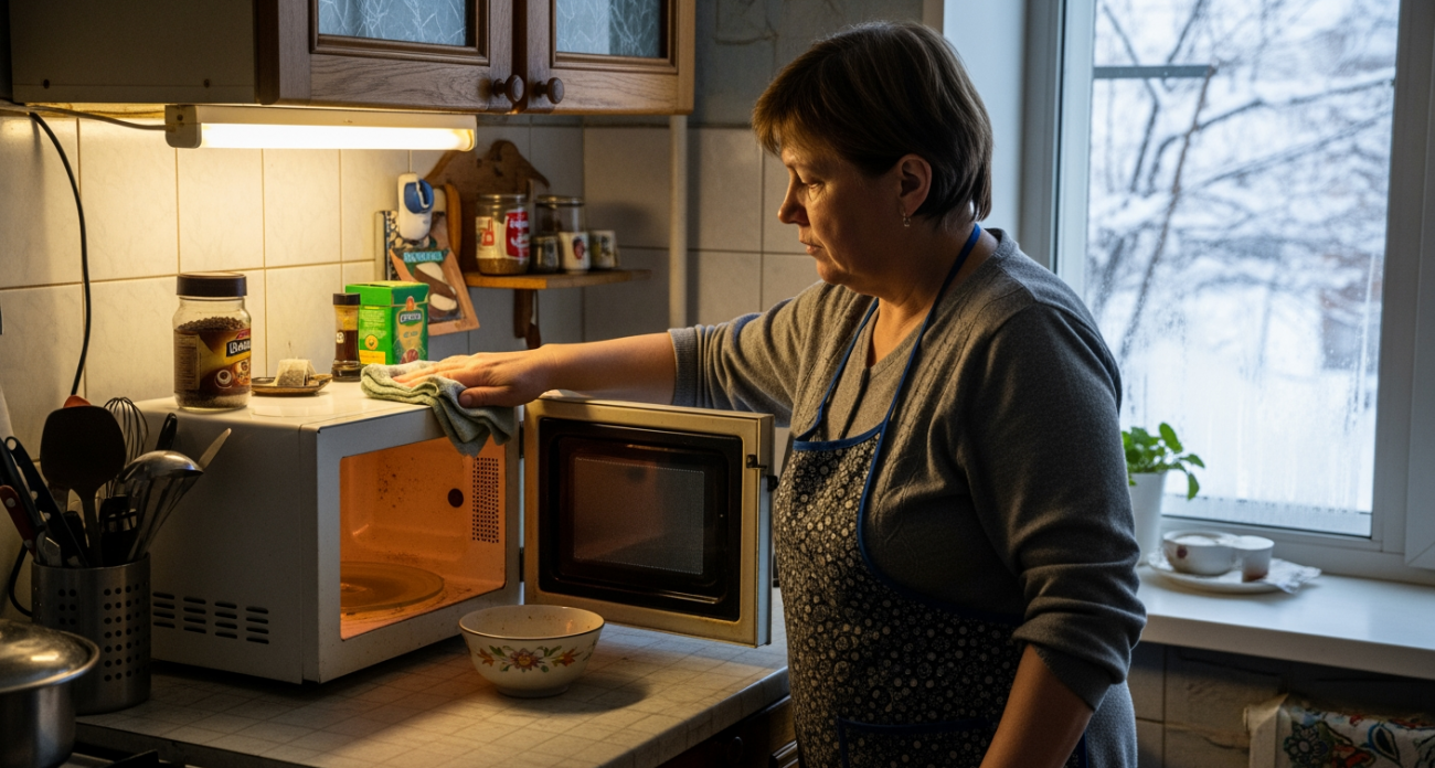 Простая вещь с кухонной полки отмыла микроволновку до зеркального блеска за один подход