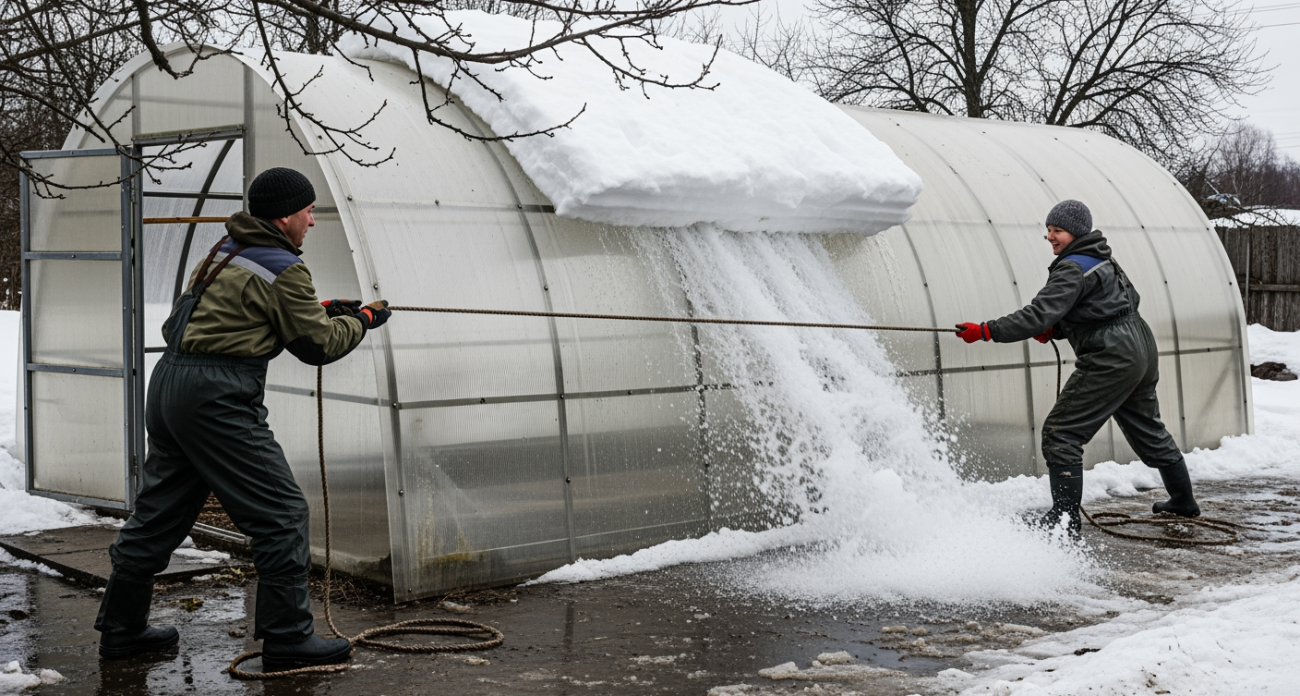 Старый трюк с веником превращает очистку теплицы от снега в детскую забаву на полминуты