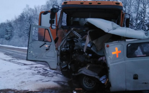 Появилось видео с места ДТП на трассе в Марий Эл, где «скорая» влетела под КамАЗ