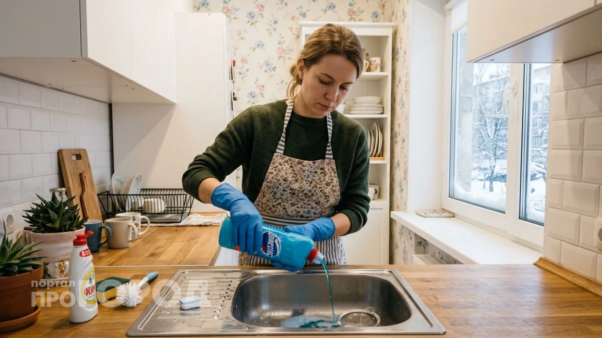 Кидаю в слив одну дешёвую таблетку на ночь — к утру засор уходит сам, проверено на забитой кухне