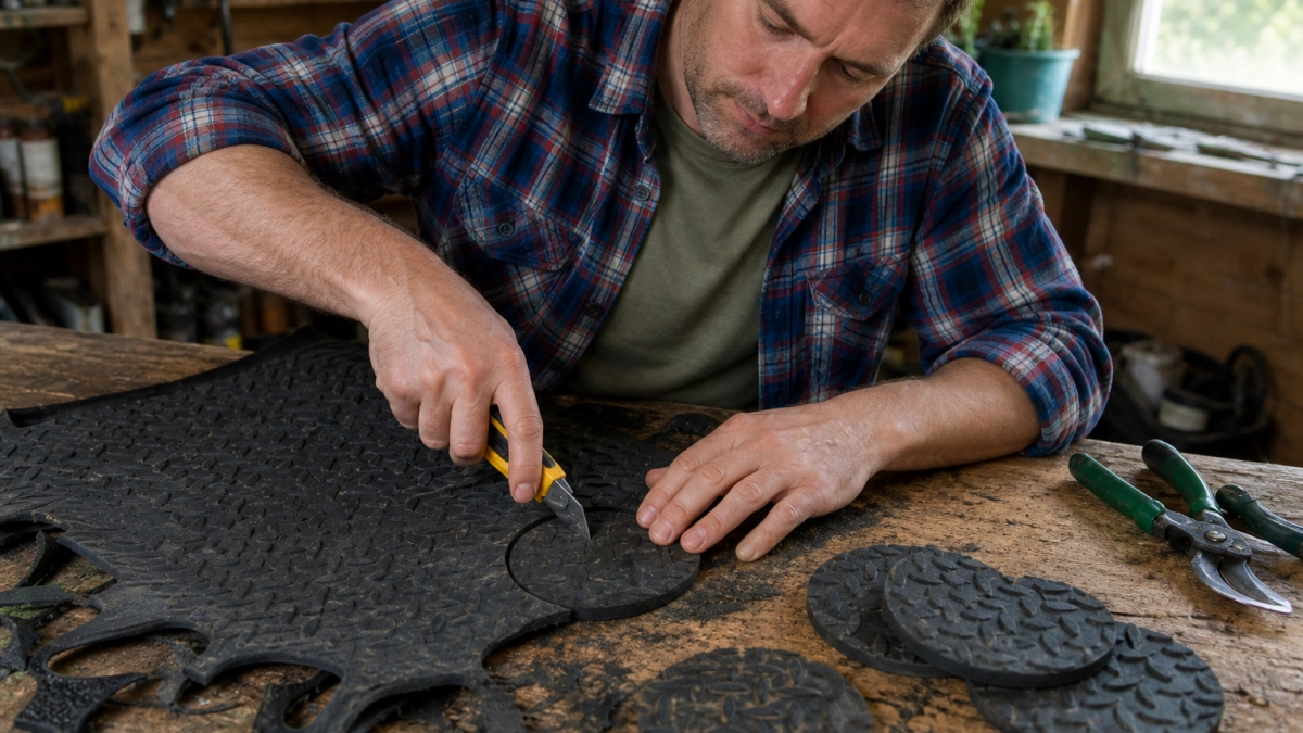 Прохудившийся коврик разделываю на резиновые «пятачки»: вот какая работа им сразу нашлась на даче