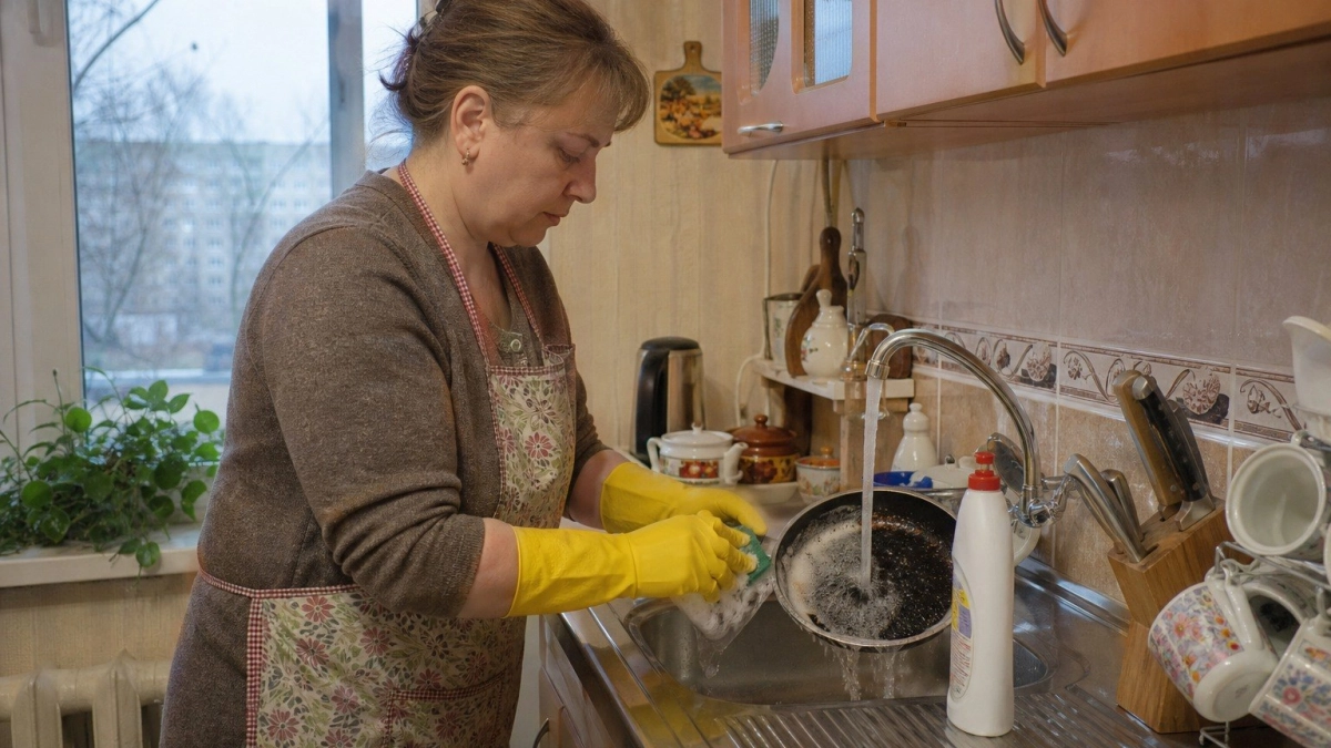 Жир и нагар сходят со сковородки как чулок с ноги: просто заливаю кипятком эти два пакетика