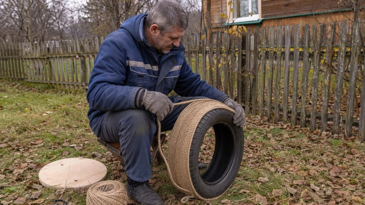 Моток веревки и старая покрышка: как собрать добротный пуф в джутовом "кафтане"
